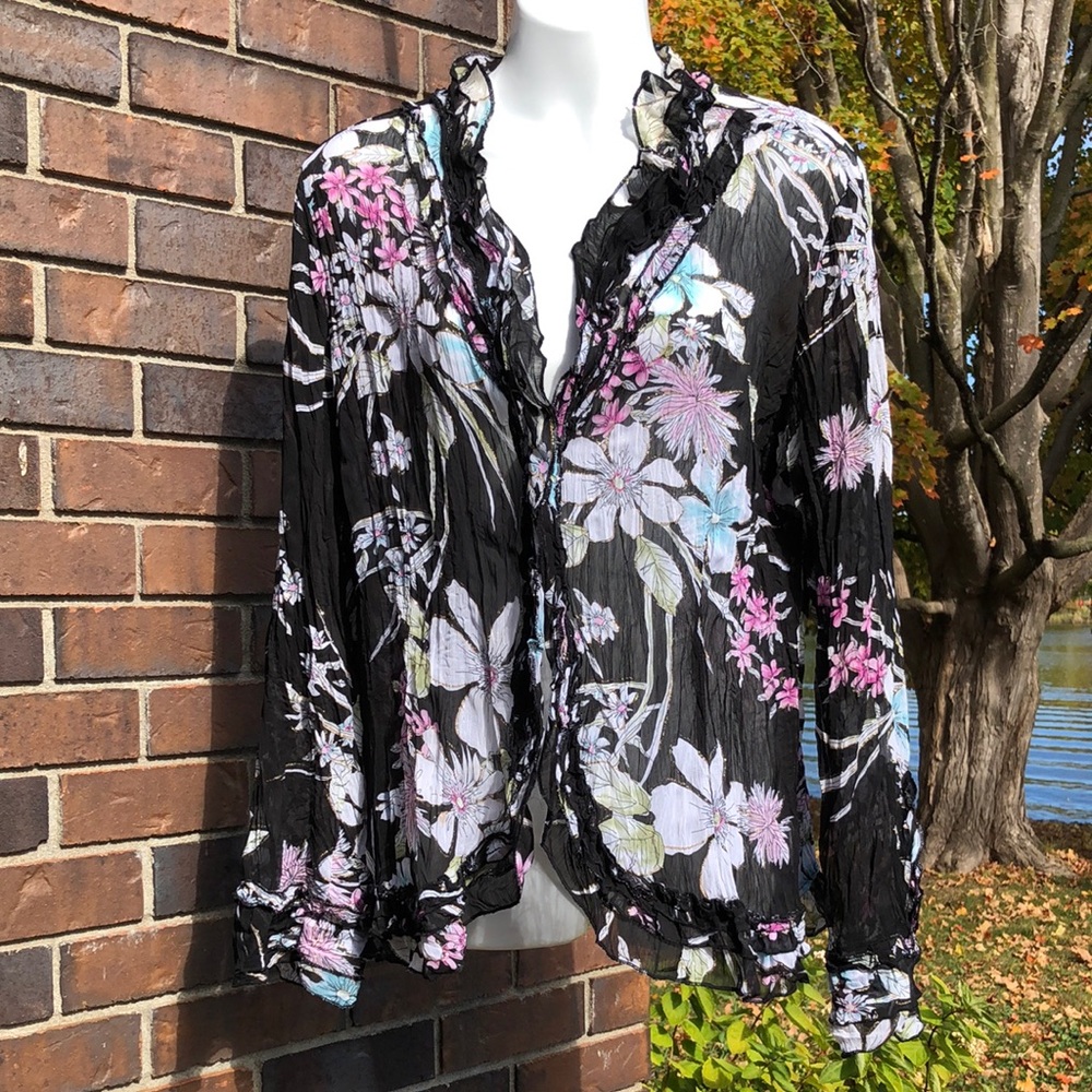 Floral Sheer Blouse with Ruffle Trim